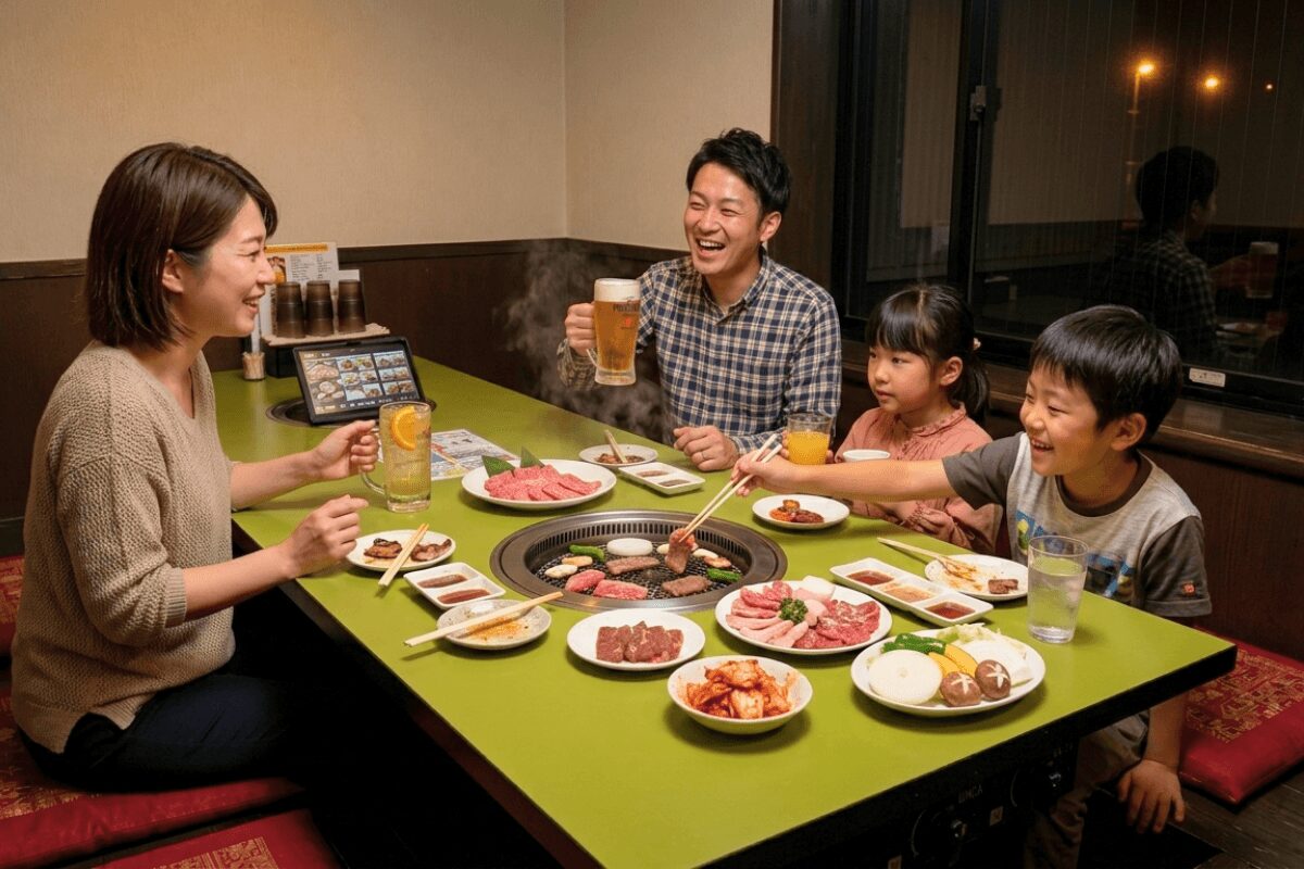 伊万里の焼肉司で家族が焼肉を囲みながら晩ご飯を楽しむ様子
